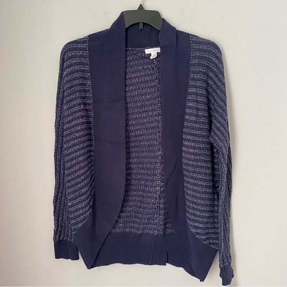 Charter Club Women’s Open Front Striped Sparkly Blue Thick Knot Sweater size M - Picture 1 of 3